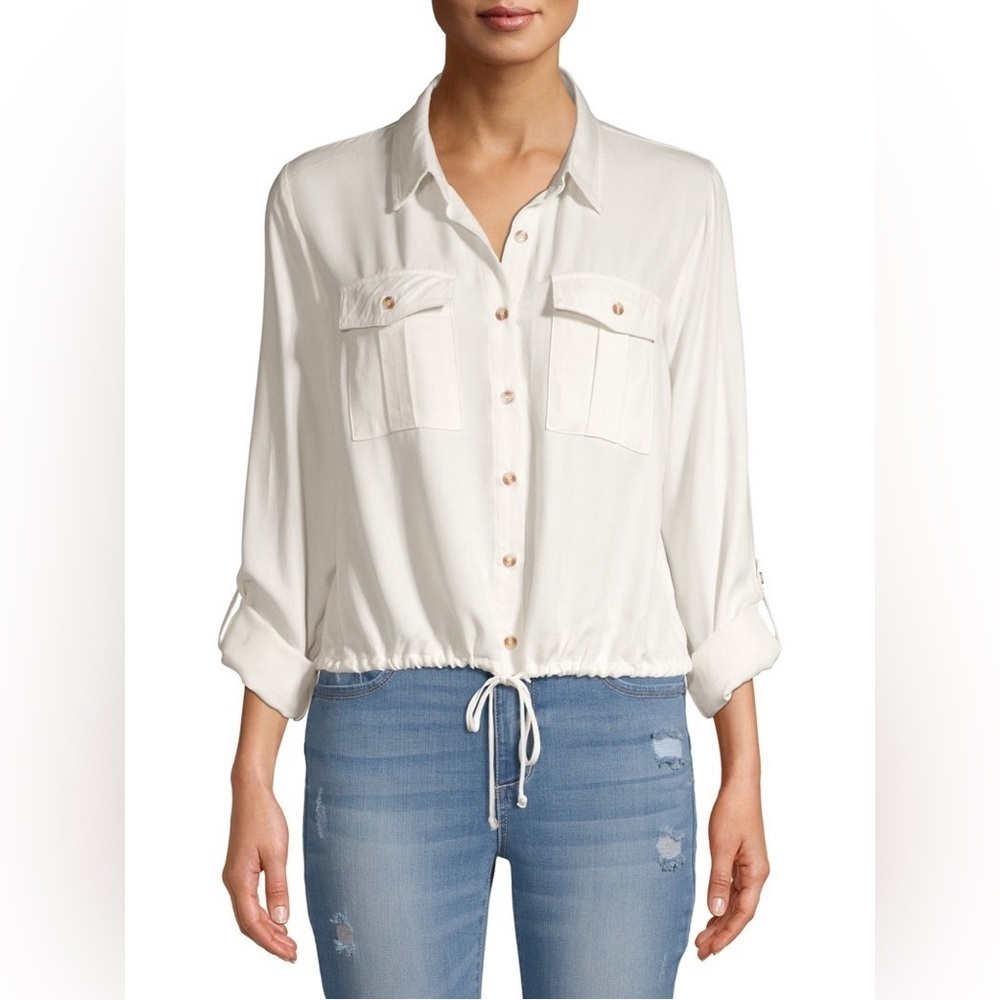Button Down Tie Front Utility Safari Shirt Ivory sz Medium